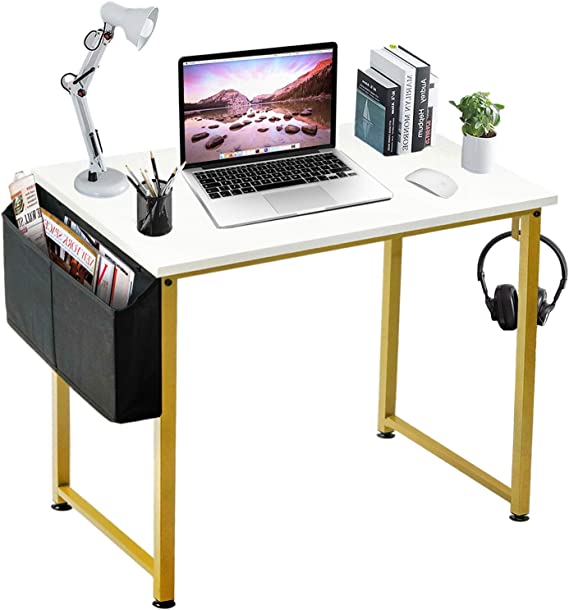 Photo 1 of Lufeiya Small Computer Desk White Writing Table for Home Office Small Spaces 31 Inch Modern Student Study Laptop PC Desks with Gold Legs Storage Bag Headphone Hook,White Gold