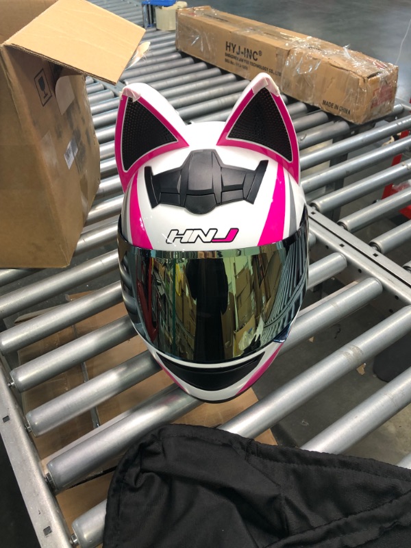 Photo 3 of Cat Ear Motorcycle Helmet Full Helmet Youth Men and Women Racing Motocross Casco Large White Pink