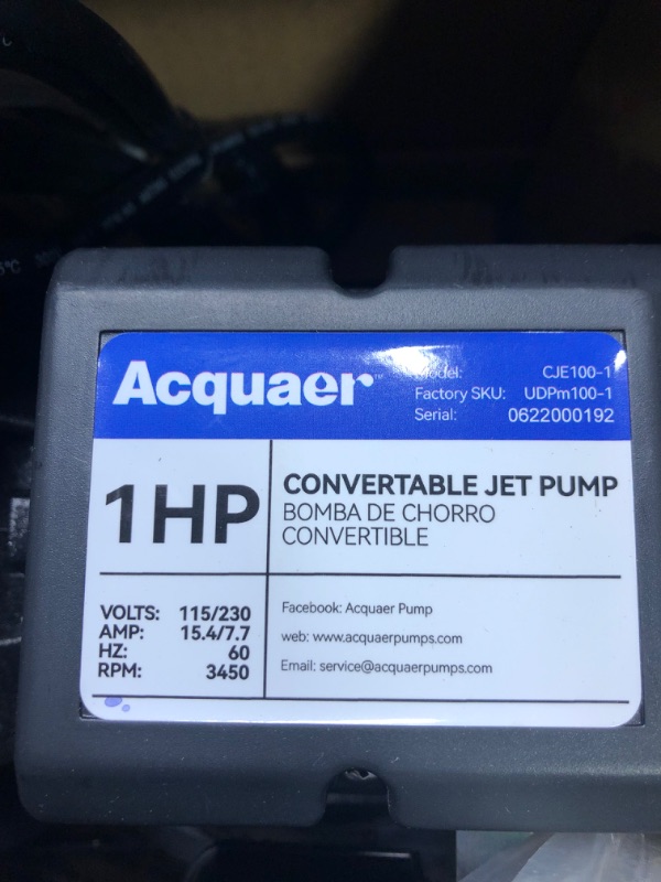 Photo 6 of Acquaer 1HP Shallow/Deep Well Jet Pump, Cast Iron Convertible Pump with Ejector Kit, Well Depth Up to 25ft or 90ft, 115V/230V Dual Voltage, Automatic Pressure Switch