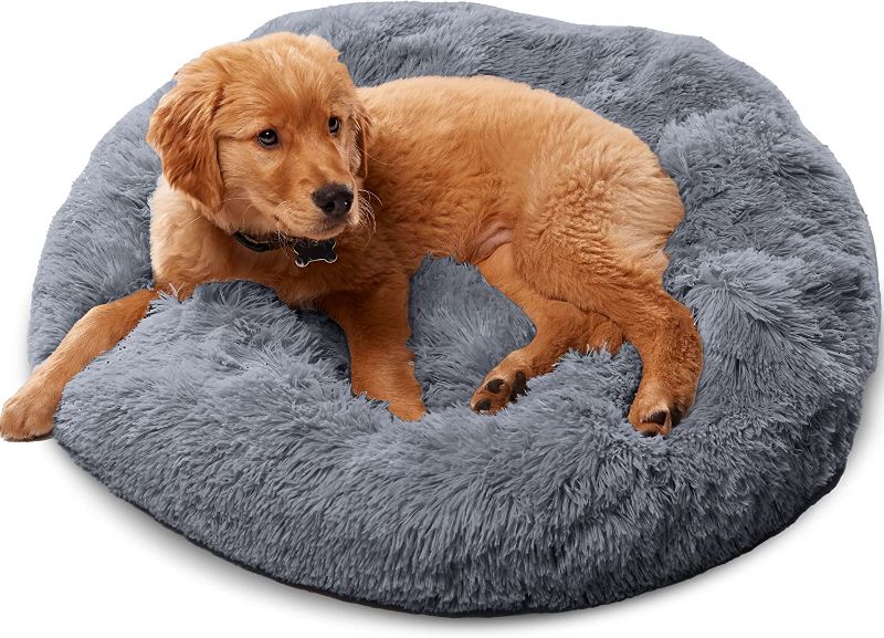 Photo 1 of Active Pets Plush Calming Dog Bed, Donut Dog Bed for Small Dogs, Medium & Large, Anti Anxiety Dog Bed, Soft Fuzzy Calming Bed for Dogs & Cats, Comfy Cat Bed, Marshmallow Cuddler Nest Calming Pet Bed, Dark Grey Size M