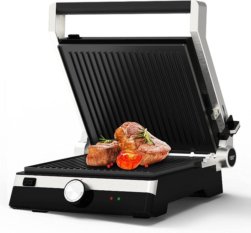 Photo 1 of OMAIGA Panini Press, Sandwich Maker, 1500W 6-Serving Indoor Grill, Stainless Steel Top Surface, Detachable Non-stick Die-cast Aluminium Plates, Upright Storage, Opens 180 degrees