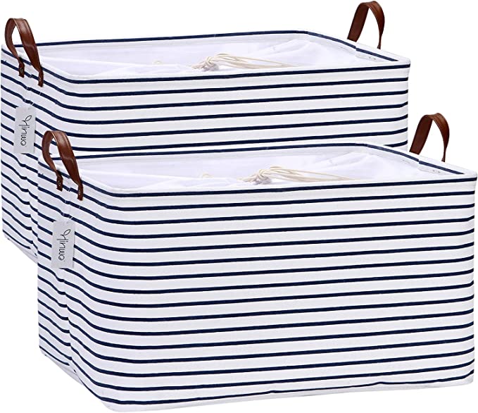 Photo 1 of Hinwo 70L Extra Large Storage Bins, 2-Pack Closet Organizers and Storage, Foldable Clothes Storage Baskets with Handles, Containers for Clothing, Blanket, Comforters, Toys, Bedding (Navy Stripe)