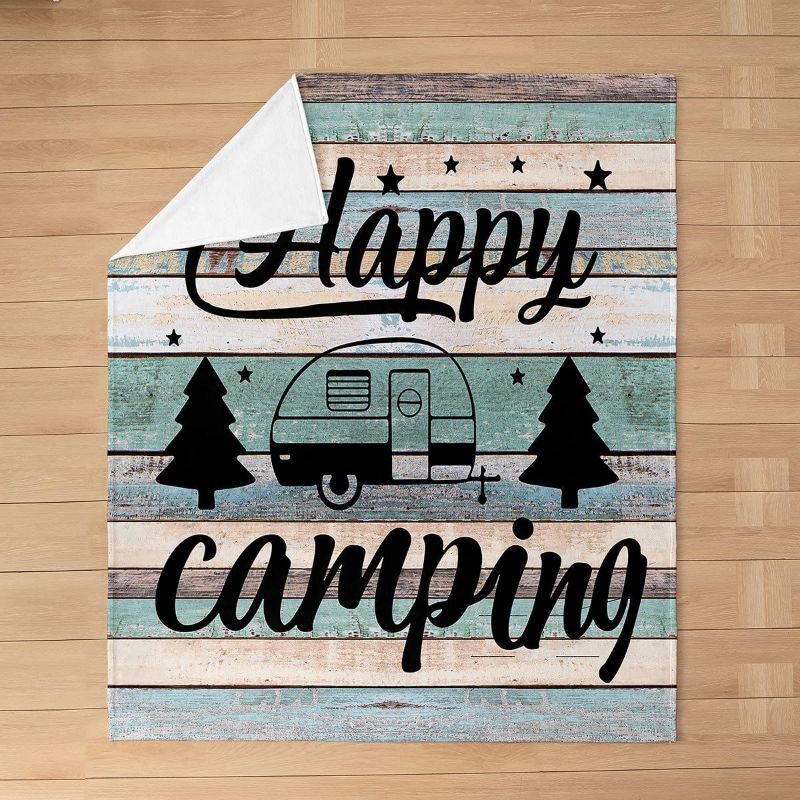 Photo 2 of Camper Flannel Fleece Throw Blanket,All Season Happy Camping Theme Bed Blanket Rustic Farmhouse Style Fuzzy Blanket for Bed Sofa Couch,Bedroom Decor Vintage Wooden Plush Blanket 40"x50"