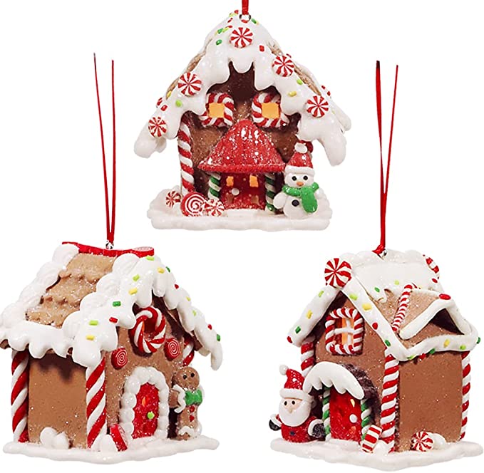 Photo 1 of Imports Lighted Gingerbread House Claydough Ornaments 3 Piece Set 3.25 Inch