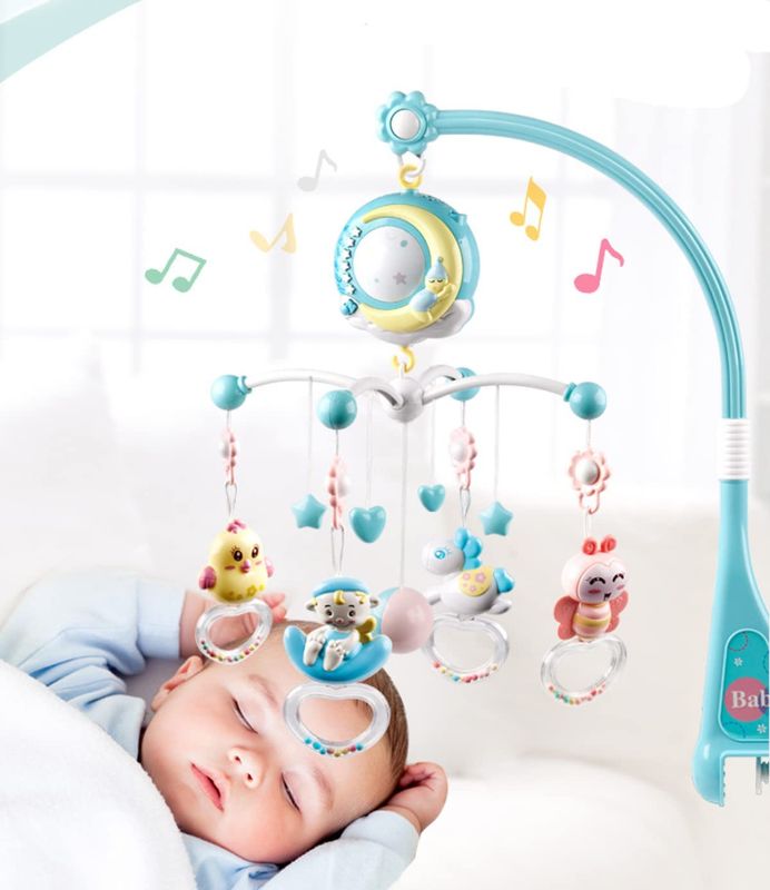 Photo 1 of Baby Music Crib Movement, Projection Function and Night Light, Hanging Removable Teether Rattle and 150 Melody Music Box with Remote Control, Newborn Toy for 0-24 Months (Blue)