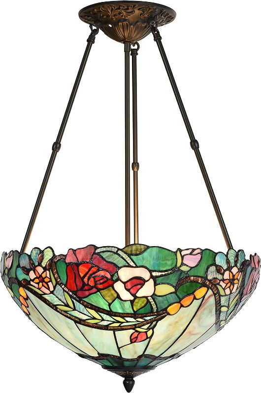 Photo 1 of Bieye L10741 Rose Flower Tiffany Style Stained Glass Ceiling Pendant Light with 18-inch Wide Lampshade, 3 Lights
