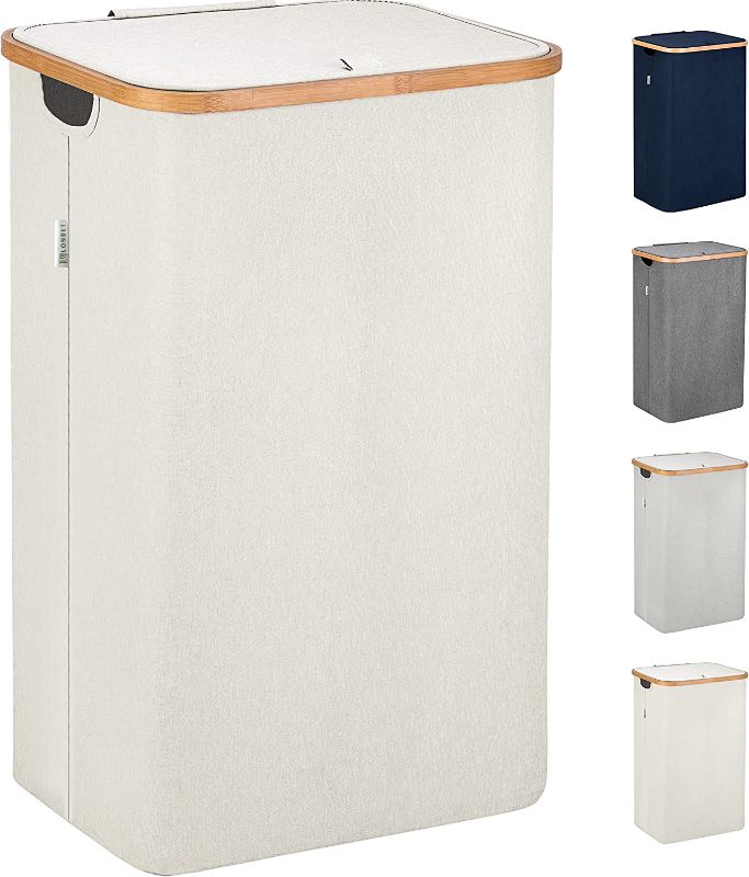 Photo 1 of Lonbet - Beige Laundry Hamper with Lid - XL 100 L - Large Hampers for Laundry with Handles - Laundry Baskets with Lid for Bedrooms - Bamboo Bathroom Tall Laundry Bin
