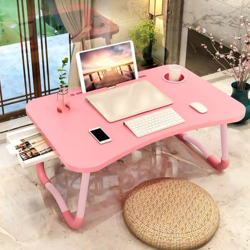Photo 1 of Laptop Bed Table, Foldable Laptop Desk Bed Tray with Storage Drawer, Lap Desk TV Tray for Breakfast Serving, Notebook Stand Reading Holder with Phone Slot and Cup Holder for Sofa Couch Floor-Pink
