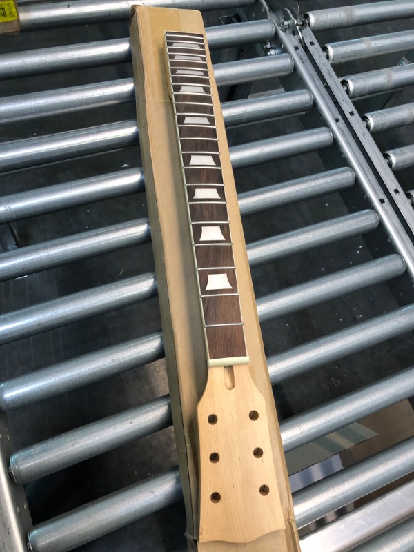 Photo 2 of Alnicov Electric Guitar Neck DIY 22 Fret Maple Neck Rosewood Fretboard with White Trapezoid Dots Inlay for LP Guitars Parts Replacement