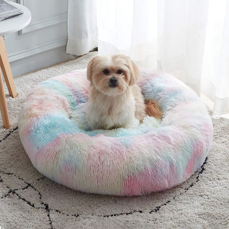 Photo 1 of Calming Dog Bed & Cat Bed, Anti-Anxiety Donut Dog Cuddler Bed, Warming Cozy Soft Dog Round Bed, Fluffy Faux Fur Plush Dog Cat Cushion bed for Small Medium Dogs and Cats (20"/24"/27"/30")
