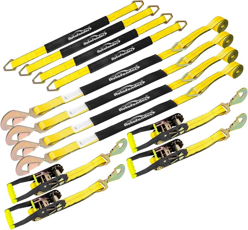 Photo 1 of Autofonder Heavy Duty Adjustable Car Tie Down Kit with Snap Hooks -Break Strength 10,000 lbs-Working Load 3333 lbs-Bonus Includes 4 Pack 36" Axle Straps with D-Ring(Yellow)
