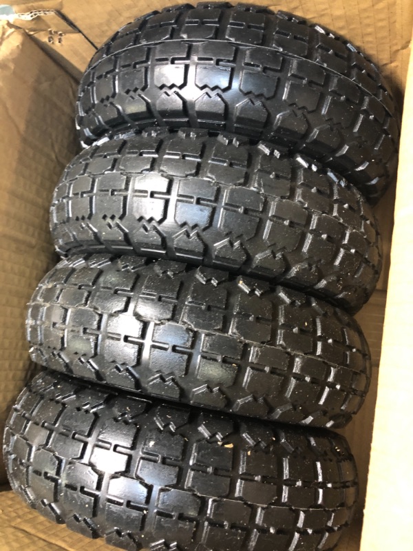 Photo 2 of 4 Pcs 10" Flat Free Tires Solid Pneumatic Tires Wheels, 4.10/3.50-4 Air Less Tires with 5/8" Center Bearings, for Wheelbarrow/Dolly/Garden Wagon Carts/Hand Truck/Wheel Barrel/Lawn Mower, 4 Pack 4 pcs 10'' 4.1/3.50-4