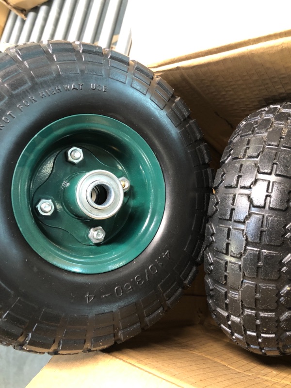Photo 4 of 4 Pcs 10" Flat Free Tires Solid Pneumatic Tires Wheels, 4.10/3.50-4 Air Less Tires with 5/8" Center Bearings, for Wheelbarrow/Dolly/Garden Wagon Carts/Hand Truck/Wheel Barrel/Lawn Mower, 4 Pack 4 pcs 10'' 4.1/3.50-4