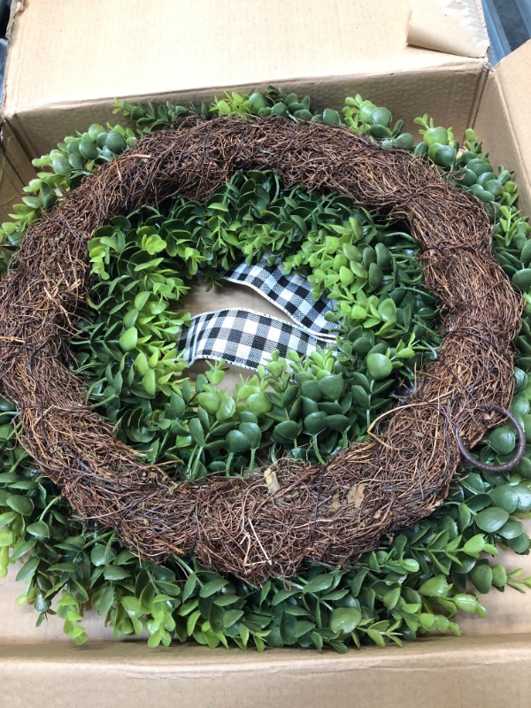 Photo 3 of 23" Faux Round Boxwood Wreath, Vlorart Artificial Boxwood Wreath Front Door Wreaths Artificial Spring Summer Greenery Hanging with A Plaid Bow for Front Door Wall Hanging Window Wedding Party Decor 23inch