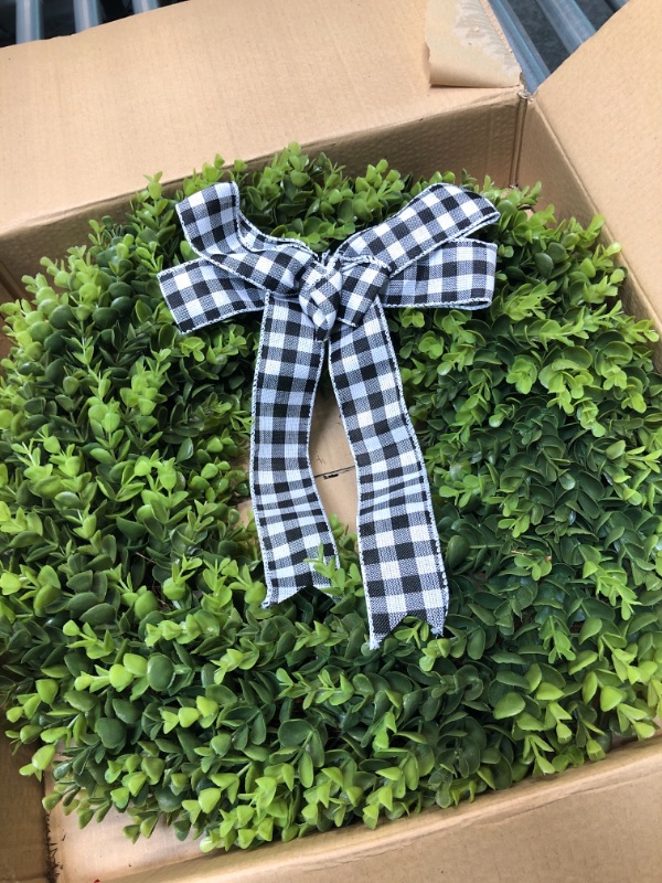 Photo 2 of 23" Faux Round Boxwood Wreath, Vlorart Artificial Boxwood Wreath Front Door Wreaths Artificial Spring Summer Greenery Hanging with A Plaid Bow for Front Door Wall Hanging Window Wedding Party Decor 23inch