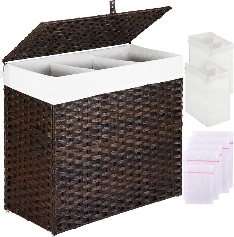 Photo 1 of GREENSTELL Laundry Hamper with Lid, 125L Large 3 Sections Clothes Hamper with 2 Removable Liner Bags & 5 Mesh Laundry Bags, Handwoven Synthetic Rattan Divided Laundry Basket Brown
