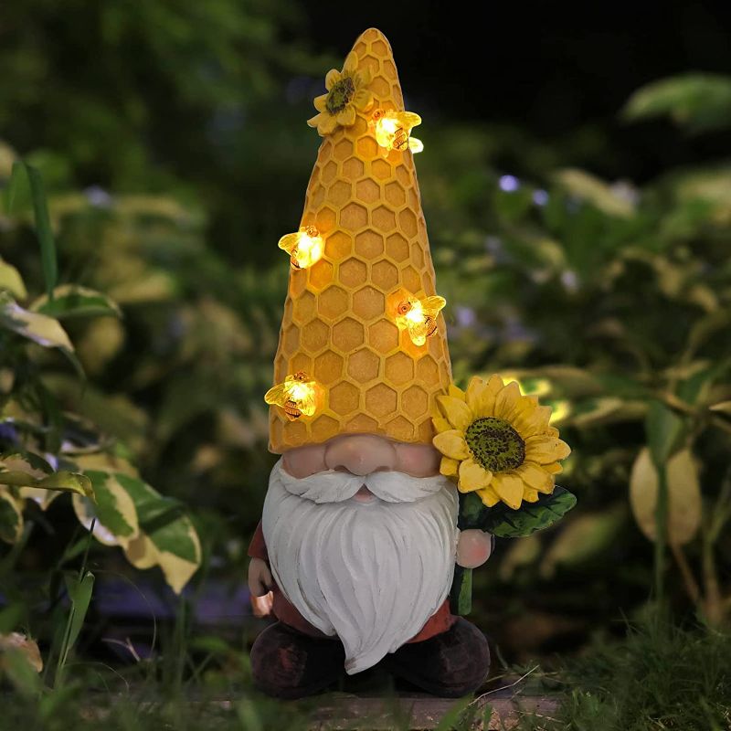 Photo 1 of REYISO 12.3'' Solar Gnomes Garden Statues-Resin Summer Gnomes Figurine Sunflower Decor with Solar Bee Lights-Outdoor Garden Decor-Unique Housewarming Gifts Yard Art Sculptures for Patio Lawn Ornaments
