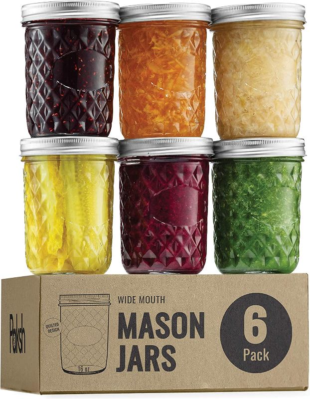 Photo 1 of Paksh Novelty Mason Jars 16 oz - 6-Pack Quilted Wide Mouth Glass Jars with Lid & Seal Bands - Airtight Container for Pickling, Canning, Candles, Home Decor, Overnight Oats, Fruit Preserves
