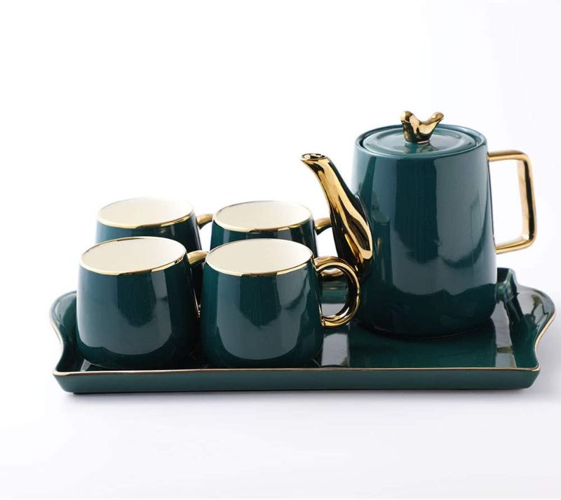 Photo 1 of tea Cup Teapot Set with Tray, Emerald Ceramic Teapot Coffee Cups Set Christmas Gift for Drinking Tea Latte Water, Tea Pot 40 OZ, 4 Cups 10 OZ
