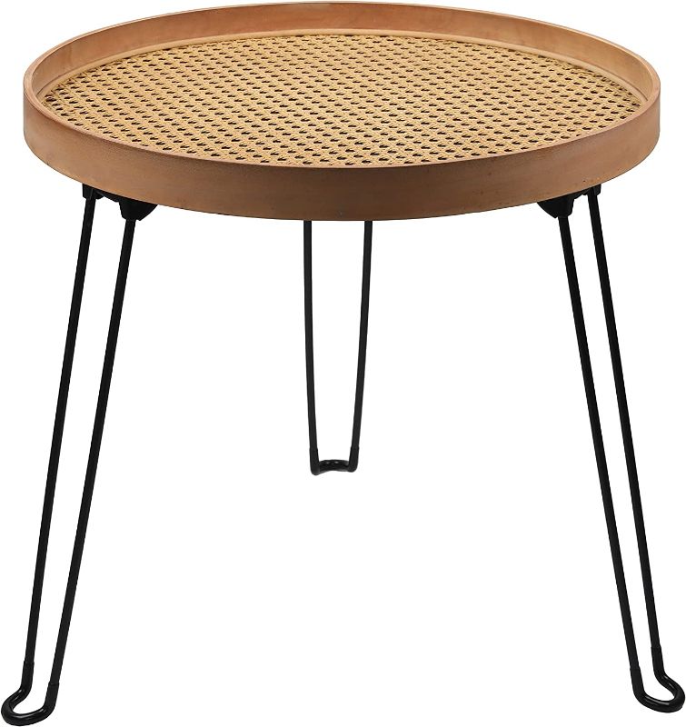 Photo 1 of [PJ Collection] Round Wood and Rattan Side Table, Foldable Table with Metal Tripod, Rattan Round Tray Top, Boho Style, Chic Coffee Table, Foldable Side Table (Height 17.7", Loose Knit Pattern)
