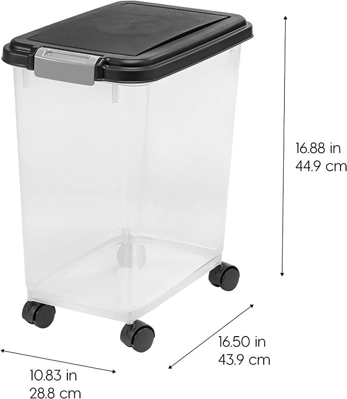 Photo 1 of IRIS USA 25Lbs./33Qt. WeatherPro Airtight Pet Food Storage Container with Attachable Casters, For Dog Cat Bird and Other Pet Food Storage Bin, Keep Fresh, Translucent Body, Easy Mobility, Black
