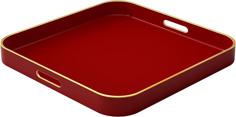 Photo 1 of American Atelier Red Serving Tray with Gold Trimming | Square Serving Tray with Handles | Trays for Serving Food, Coffee, Tea, and More | Classic Coffee Table Tray in Red
