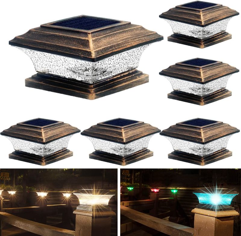 Photo 1 of HUYIENO Solar Post Cap Lights Outdoor LED Lighting Deck Fence Cap Light Two Light Modes Warm White/7 RGB Color Changing LED Suitable for 4x4 5x5 Wooden Posts Brushed Copper 6pk
