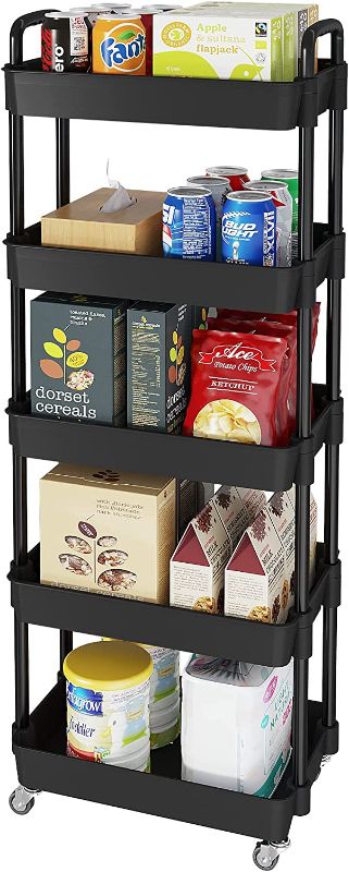 Photo 1 of  5-Tier Storage Cart, Multifunction Utility Rolling Cart Kitchen Storage Organizer, Mobile Shelving Unit Cart with Lockable Wheels for Bathroom... black
