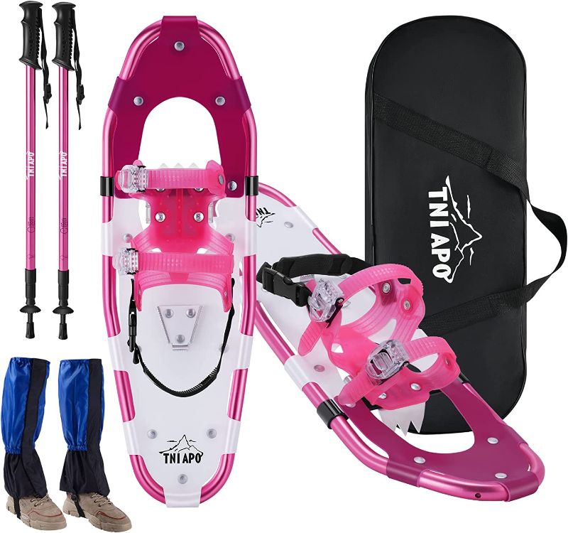 Photo 1 of Light Weight Snowshoes, 21/25 Inches Terrain Snowshoes with Trekking Poles and Waterproof Leg Gaiters for Men Women Youth Kids, Aluminum Alloy Terrain Snow... pink and black
