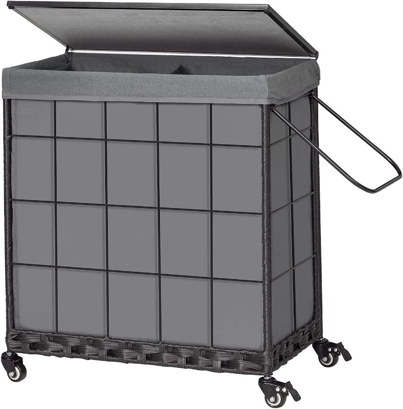 Photo 1 of Laundry Hamper with Wood Lid and Divided Liner Bag; Durable Laundry Basket with Heavy Duty Rolling Lockable Wheels; Clothes Hamper with Removable Liner Bag; Laundry Sorter with Metal Handle (Grey)
