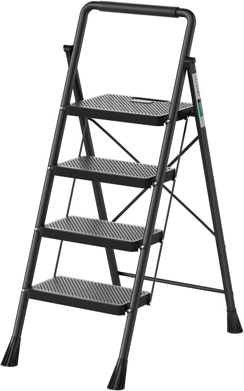 Photo 2 of 4 Step Ladder, RIKADE Folding Step Stool, Step Stool with Wide Anti-Slip Pedal, Lightweight, Portable Folding Step Ladder with Handgrip, Multi-use Steel Ladder for Household and Office
