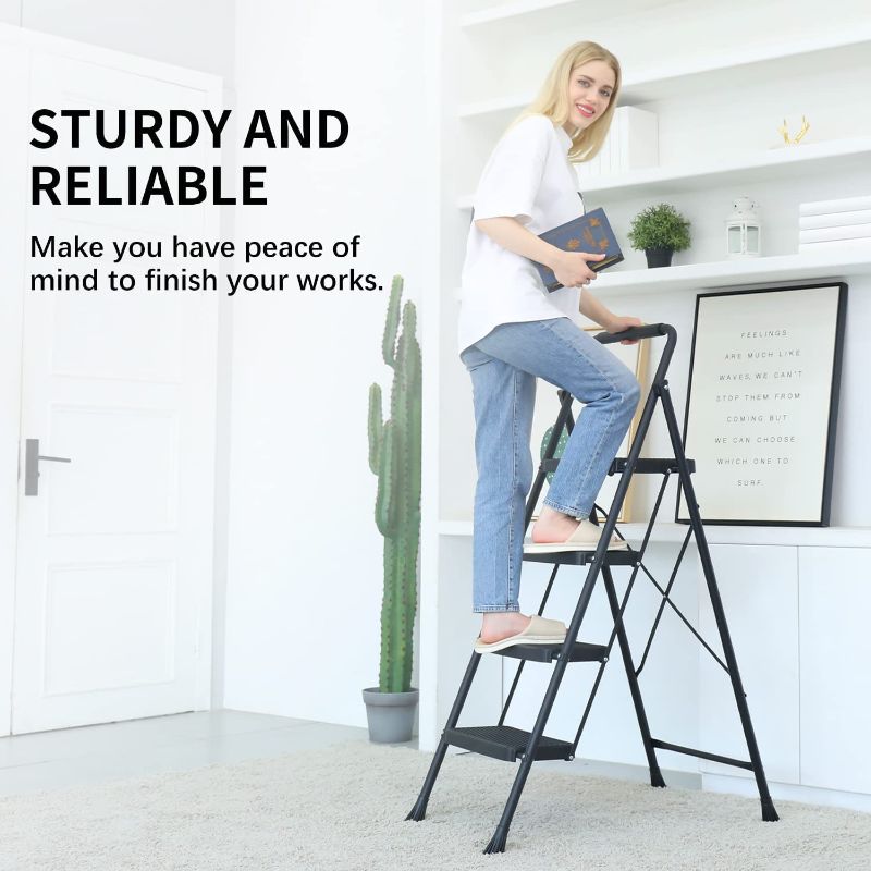 Photo 1 of 4 Step Ladder, RIKADE Folding Step Stool, Step Stool with Wide Anti-Slip Pedal, Lightweight, Portable Folding Step Ladder with Handgrip, Multi-use Steel Ladder for Household and Office
