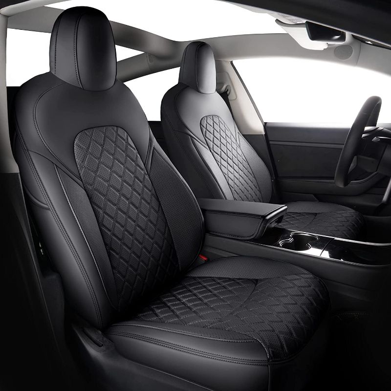 Photo 1 of SuperVibe Auto Full Coverage Faux Leather Custom Car Seat Covers Fit for Tesla Model 3 (Model 3- Black)
