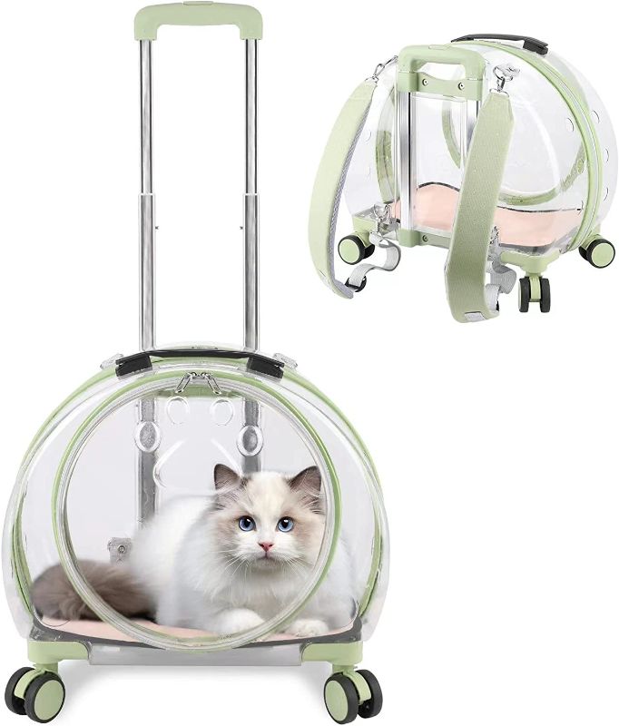 Photo 1 of Green, Transparent & Fully Breathable Pet Carrier Backpack with Trolley Wheels for Dogs, Cats, Parrots or Bunnies, Multiple Carrying Options, Perfect...
