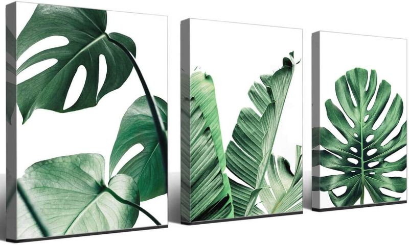 Photo 1 of Canvas Wall Art Green Leaf Simple Life Painting Dathroom Wall Decor Monstera Plant 3 Pieces Framed Canvas Pictures Contemporary Watercolor Artwork Ready to Hang for Home Decoration Office Wall Decor
