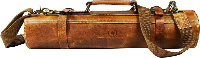 Photo 1 of Aaron Leather Goods Vendimia Estilo Leather Knife Roll Storage Bag, Elastic and Expandable 10 Pockets, Adjustable/Detachable Shoulder Strap, Travel-Friendly Chef Knife Case Roll (Caramel, Leather)
