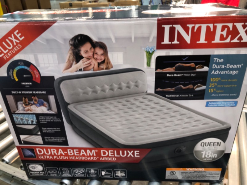 Photo 1 of Intex Dura-Beam Ultra Plush Inflatable Pillow Top Bed Air Mattress with Headboard, Built-in Internal Electric Pump and Carry Storage Bag, Queen, Gray