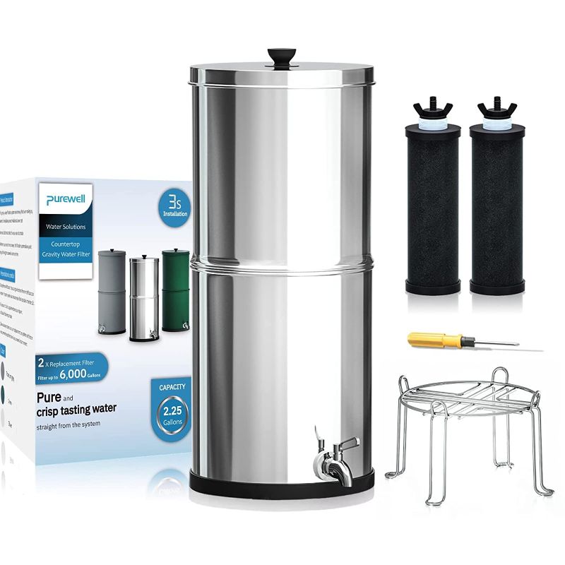 Photo 1 of Purewell 3-Stage 0.01?m Ultra-Filtration Gravity Water Filter System, NSF/ANSI 372 Certification, 304 Stainless Steel Countertop System with 2 Filters and Stand, Reduce up to 99% Chlorine, 2.25 Gallon
