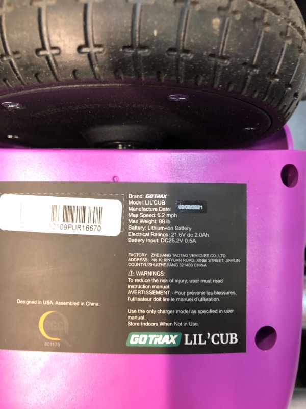 Photo 3 of Gotrax Lil CUB Hoverboard for Kids, 6.5" Wheels & LED Front Light, Max 2.5 Miles and 6.2mph Power by Dual 150W Motor, UL2272 Safety Certified Self Balancing Scooter Gift for 44-88lbs Kids Age 6-12 purple