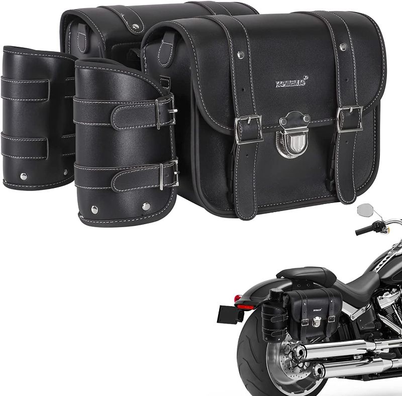 Photo 1 of KOLEMO Universal Motorcycle Side Saddlebags Luggage Tool Bag With Water Cup Side Storage bag Compatible with for Sportster Softail Dyna Road King,Black
