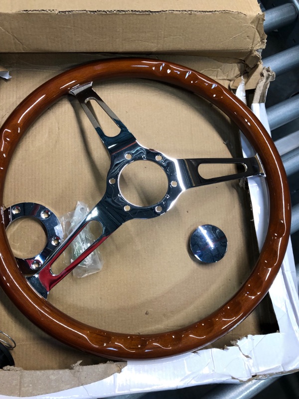 Photo 2 of Top10 Racing 380mm 15" Inch Classic Nostalgia Style Wood Grain Steering Wheel Slotted 3 Spoke Steering Wheel Riveted Light Wood Grip (3 holes of Spoke)