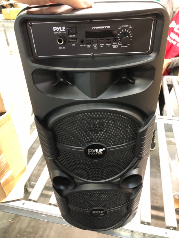 Photo 5 of Pyle Portable Bluetooth PA Speaker System - 600W Rechargeable Outdoor Bluetooth Speaker Portable PA System w/ Dual 8” Subwoofer 1” Tweeter, Microphone In, Party Lights, USB, Radio, Remote - PPHP2835B