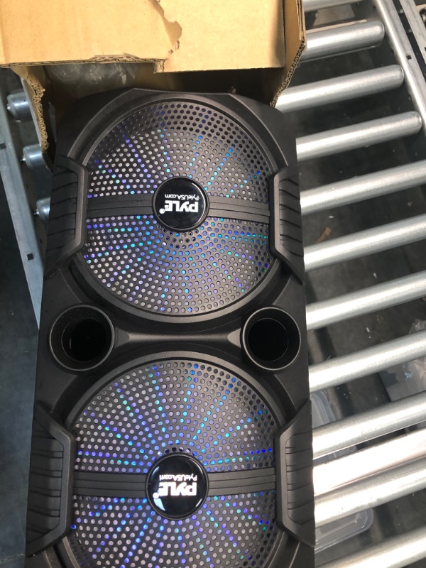 Photo 2 of Pyle Portable Bluetooth PA Speaker System - 600W Rechargeable Outdoor Bluetooth Speaker Portable PA System w/ Dual 8” Subwoofer 1” Tweeter, Microphone In, Party Lights, USB, Radio, Remote - PPHP2835B