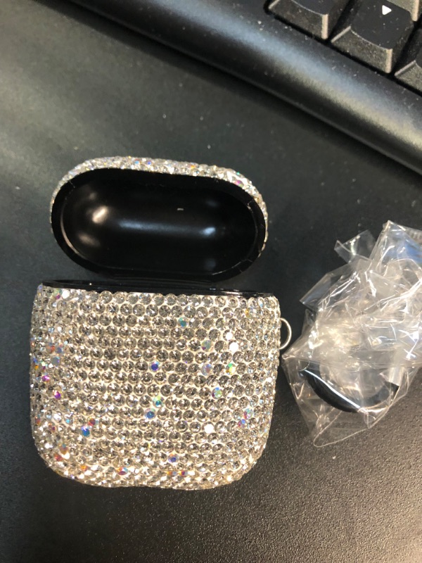 Photo 1 of Sparkly Diamond Case for AirPods with Keychain, Shockproof Protective Premium Bling Rhinestone Cover Skin Compatible with AirPods Charging Case 2 & 1(White+AB C5)