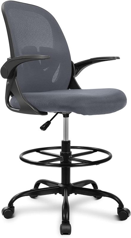 Photo 1 of Primy Drafting Chair Tall Office Chair with Flip-up Armrests Executive Ergonomic Computer Standing Desk Chair with Lumbar Support and Adjustable Footrest Ring Dark Gray