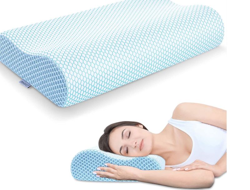 Photo 1 of Anvo Memory Foam Pillow, Neck Contour Cervical Orthopedic Pillow for Sleeping Side Back Stomach Sleeper, Ergonomic Bed Pillow for Neck Pain - Blue White, Firm