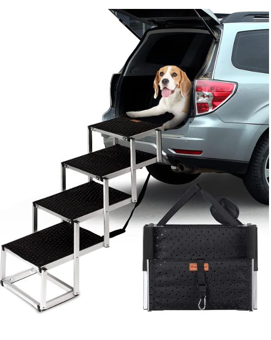 Photo 1 of Barpor Dog Ramp Portable Dog Steps for Cars, SUV and Trucks Adjustable Aluminum Dog Stairs Lightweight Pet Ladder with Non-Slip Surface Supports to Large..