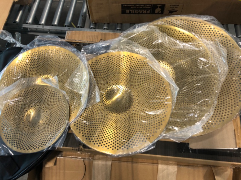 Photo 1 of Mosico Low Volume Cymbal Pack Drum Cymbal Set 10"Splash 14'Hihats 16"Crash 18'Crash 20"Ride Cymbal 6Pcs Free Plus Cymbal Bag Golden Mute Cymbal Set Drum Practice Cymbal 6pcs-10"14"16"18"20" Bright Golden