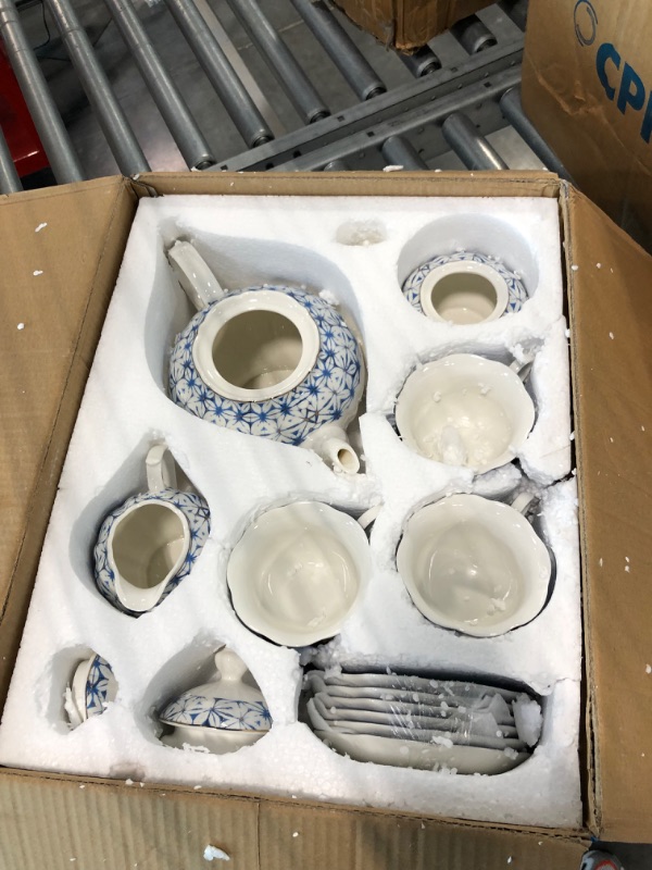Photo 1 of fanquare 21-Piece Vintage Porcelain Tea Sets of 6, Blue Cup Set with Spoon, Tea Party Set for Adults