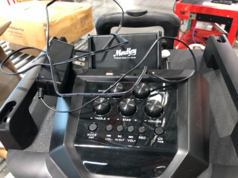 Photo 3 of Moukey Karaoke Machine, PA System Subwoofer, Portable Bluetooth Speaker w/ 2 Wireless Microphones, Lyrics Display Holder, Party Lights & Echo/Treble/Bass Adjustment, Support TWS/REC/AUX/MP3/USB/TF/FM 10" Subwoofer (One Mic has Minor Damage)